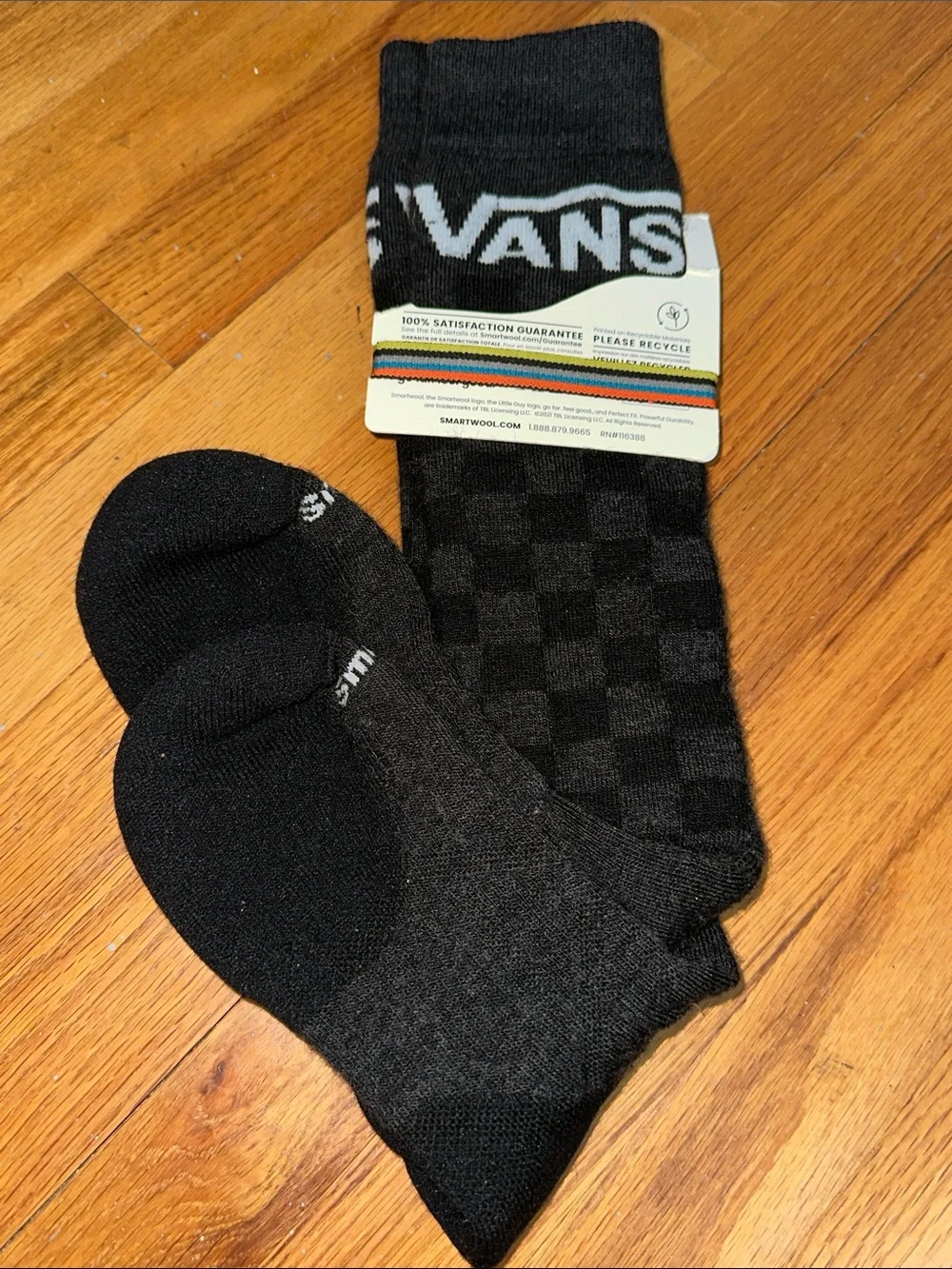 Vans Men’s Black Checker Smartwool Crew Socks with White Logo Size M